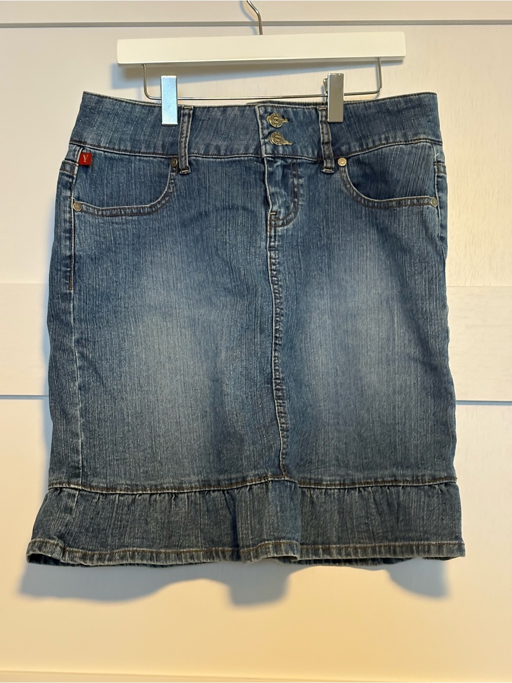 YMI Medium Blue Denim Mini Skirt with Ruffle Hem